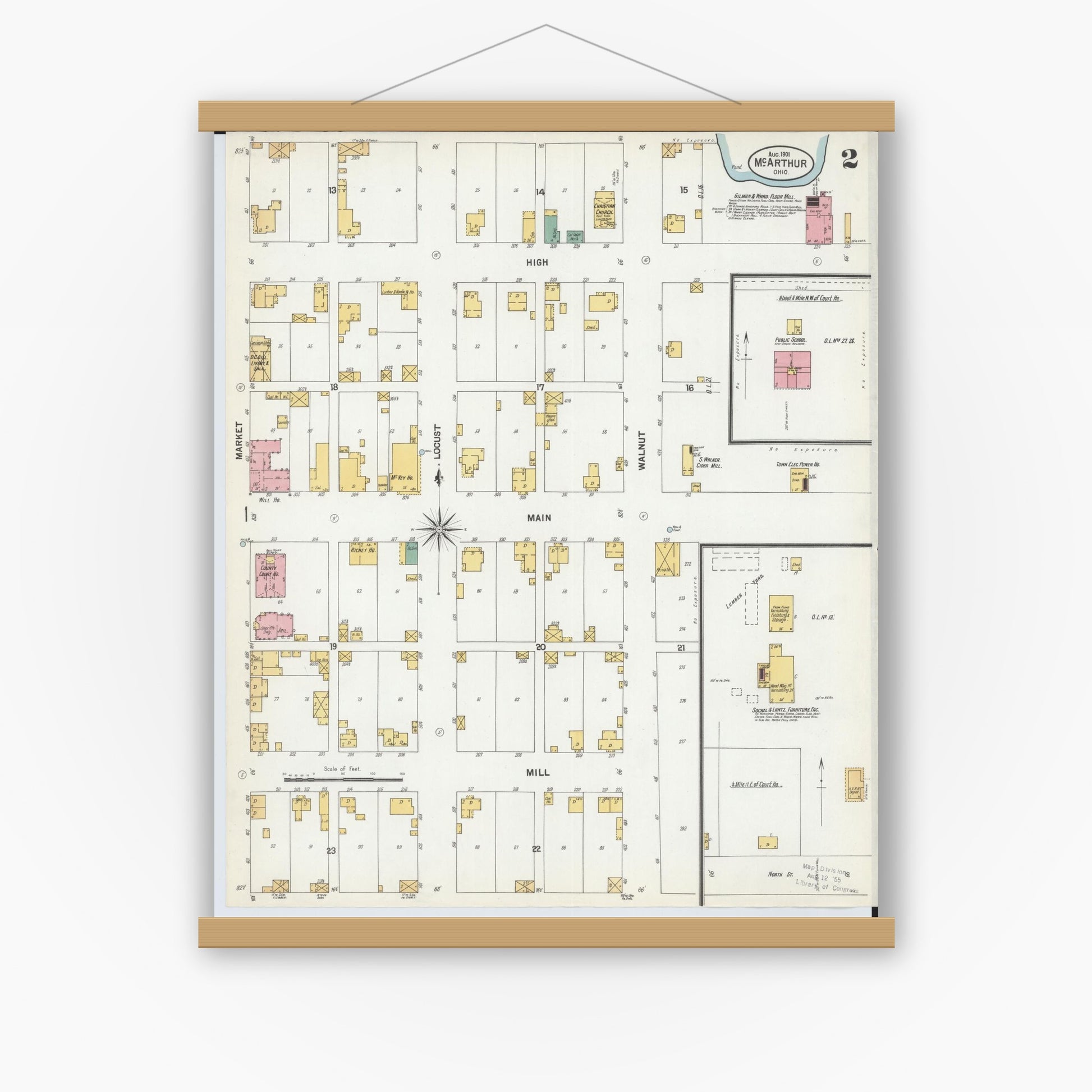 Old map wall art mockup — magnetic wood frame on white wall — Sanborn Fire Insurance Map from McArthur, Vinton County, Ohio (1901), Sheet #0002