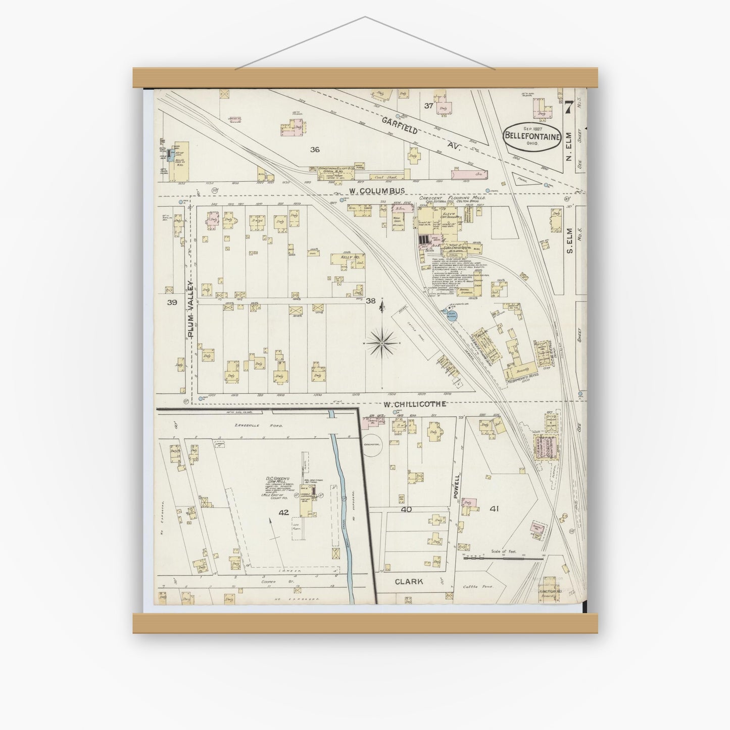 Old map wall art mockup — magnetic wood frame on white wall — Sanborn Fire Insurance Map from Bellefontaine, Logan County, Ohio (1887), Sheet #0007