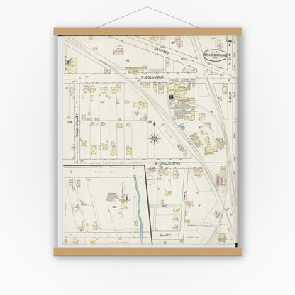 Old map wall art mockup — magnetic wood frame on white wall — Sanborn Fire Insurance Map from Bellefontaine, Logan County, Ohio (1887), Sheet #0007
