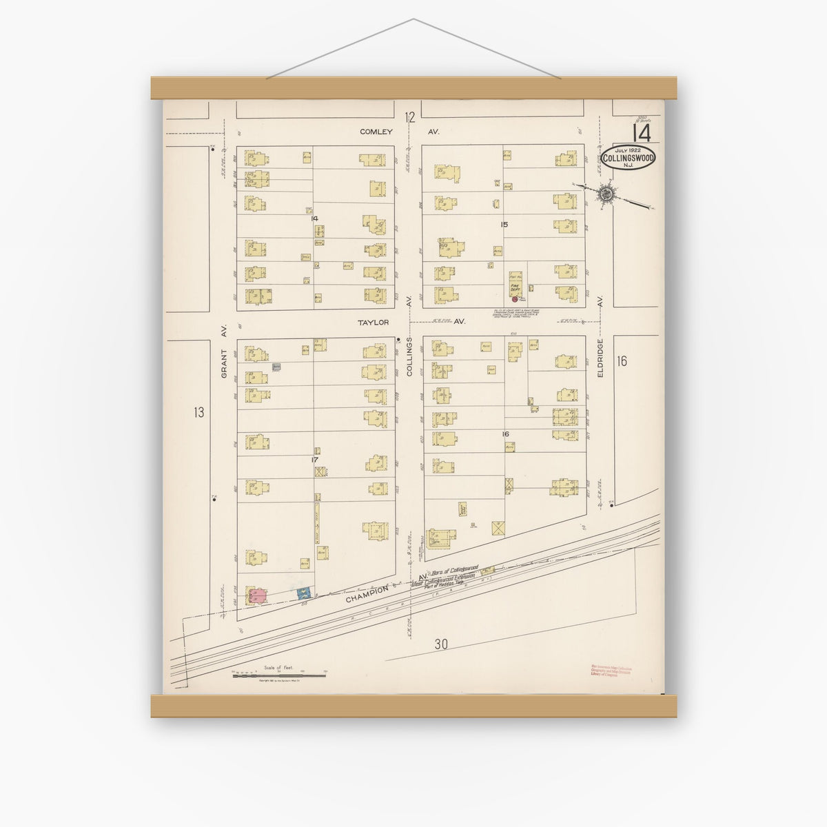 Old map wall art mockup — magnetic wood frame on white wall — Sanborn Fire Insurance Map from Collingswood, Camden County, New Jersey (1922), Sheet #0014