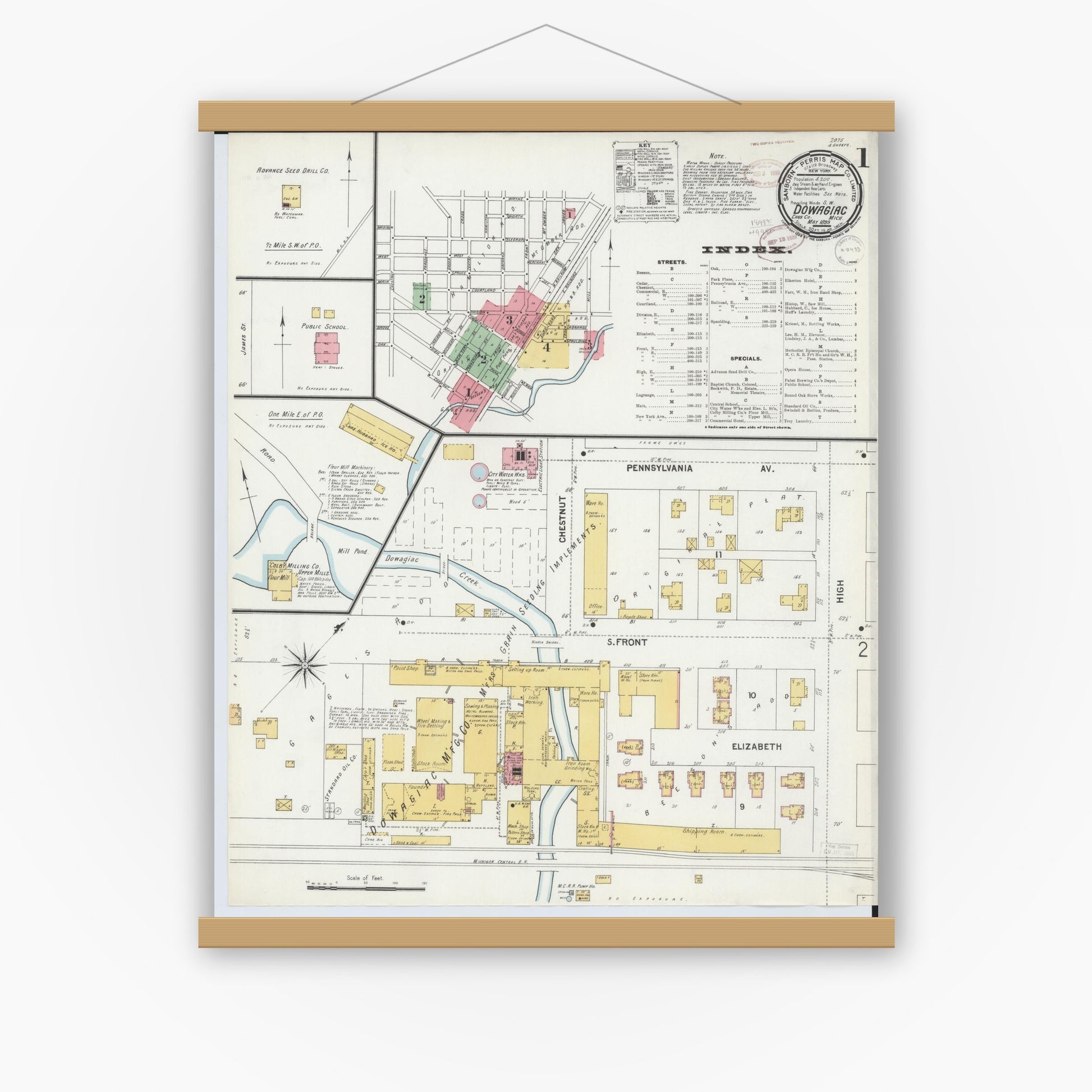 Old map wall art mockup — magnetic wood frame on white wall — Sanborn Fire Insurance Map from Dowagiac, Cass County, Michigan (1899), Sheet #0001