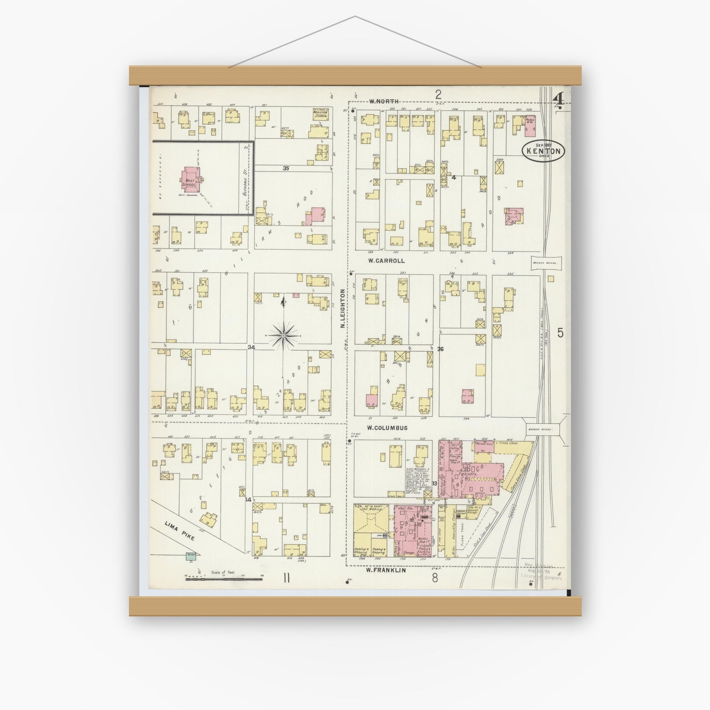 Old map wall art mockup — magnetic wood frame on white wall — Sanborn Fire Insurance Map from Kenton, Hardin County, Ohio (1897), Sheet #0004