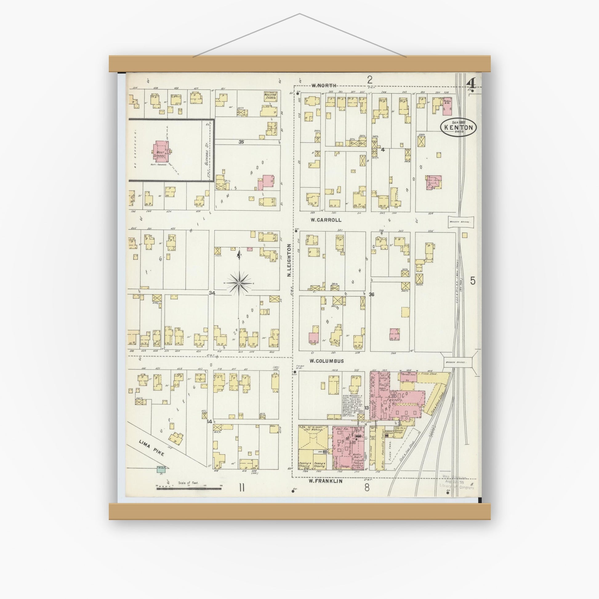 Old map wall art mockup — magnetic wood frame on white wall — Sanborn Fire Insurance Map from Kenton, Hardin County, Ohio (1897), Sheet #0004