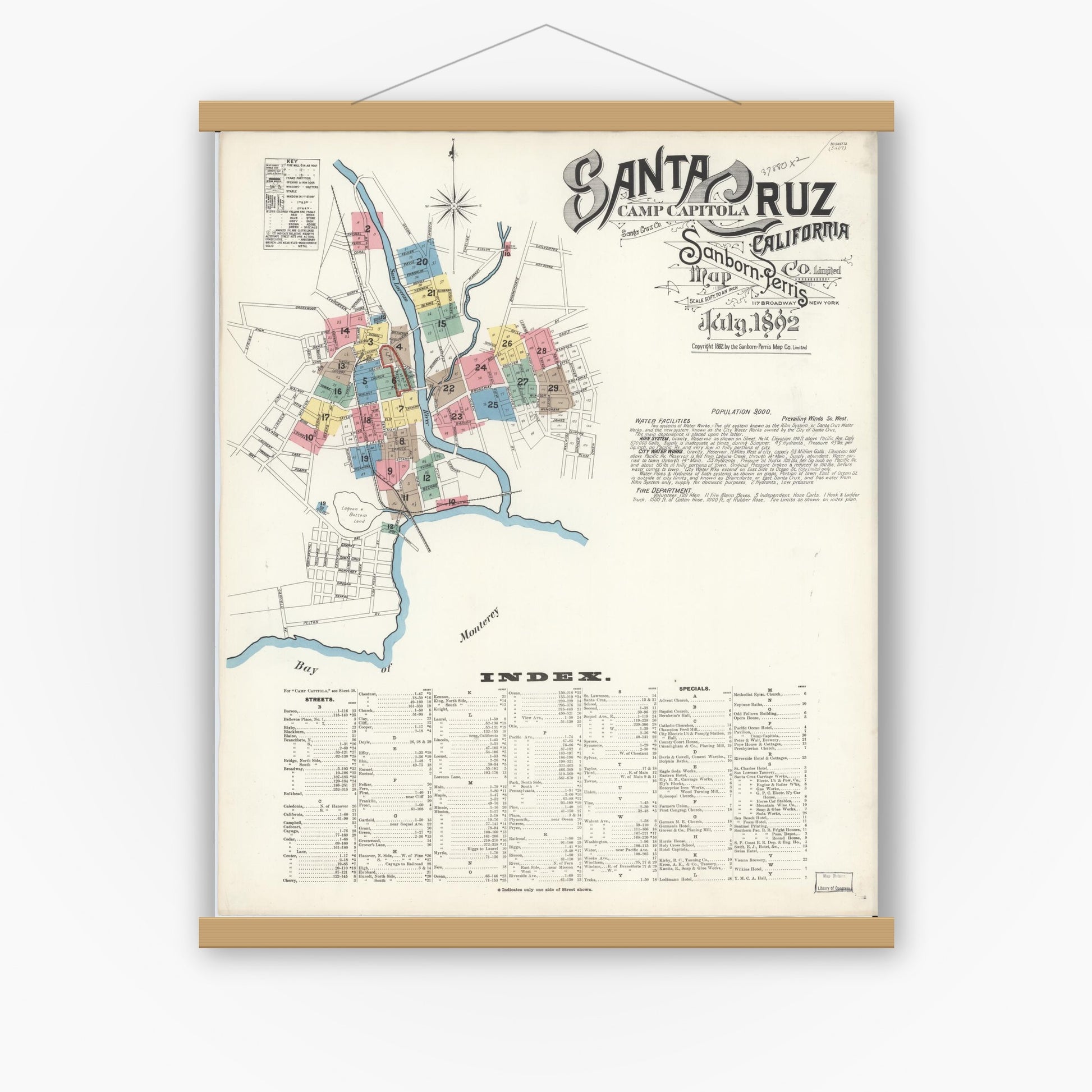 Old map wall art mockup — magnetic wood frame on white wall — Sanborn Fire Insurance Map from Santa Cruz, Santa Cruz County, California (1892), Sheet #0001