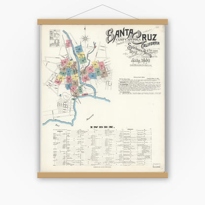 Old map wall art mockup — magnetic wood frame on white wall — Sanborn Fire Insurance Map from Santa Cruz, Santa Cruz County, California (1892), Sheet #0001
