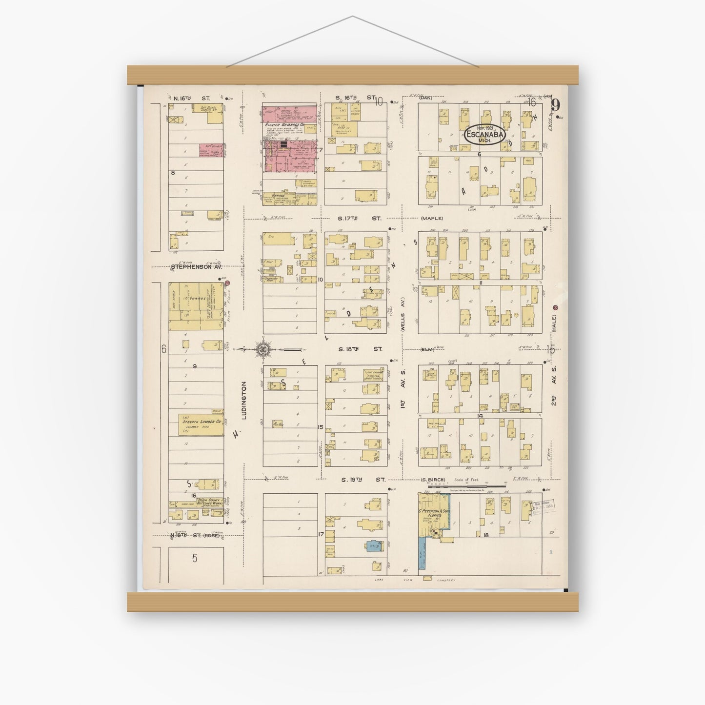 Old map wall art mockup — magnetic wood frame on white wall — Sanborn Fire Insurance Map from Escanaba, Delta County, Michigan (1921), Sheet #0009