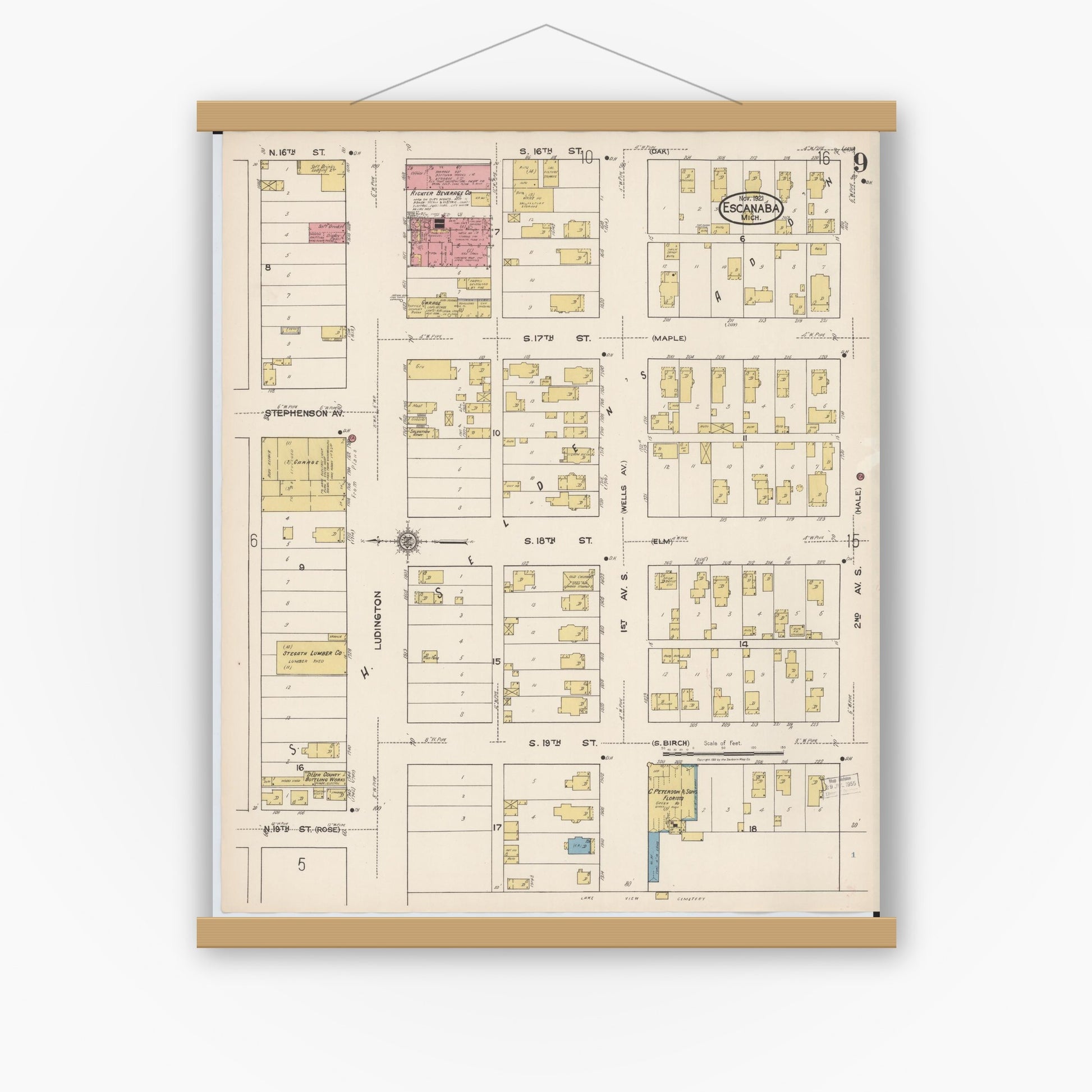 Old map wall art mockup — magnetic wood frame on white wall — Sanborn Fire Insurance Map from Escanaba, Delta County, Michigan (1921), Sheet #0009