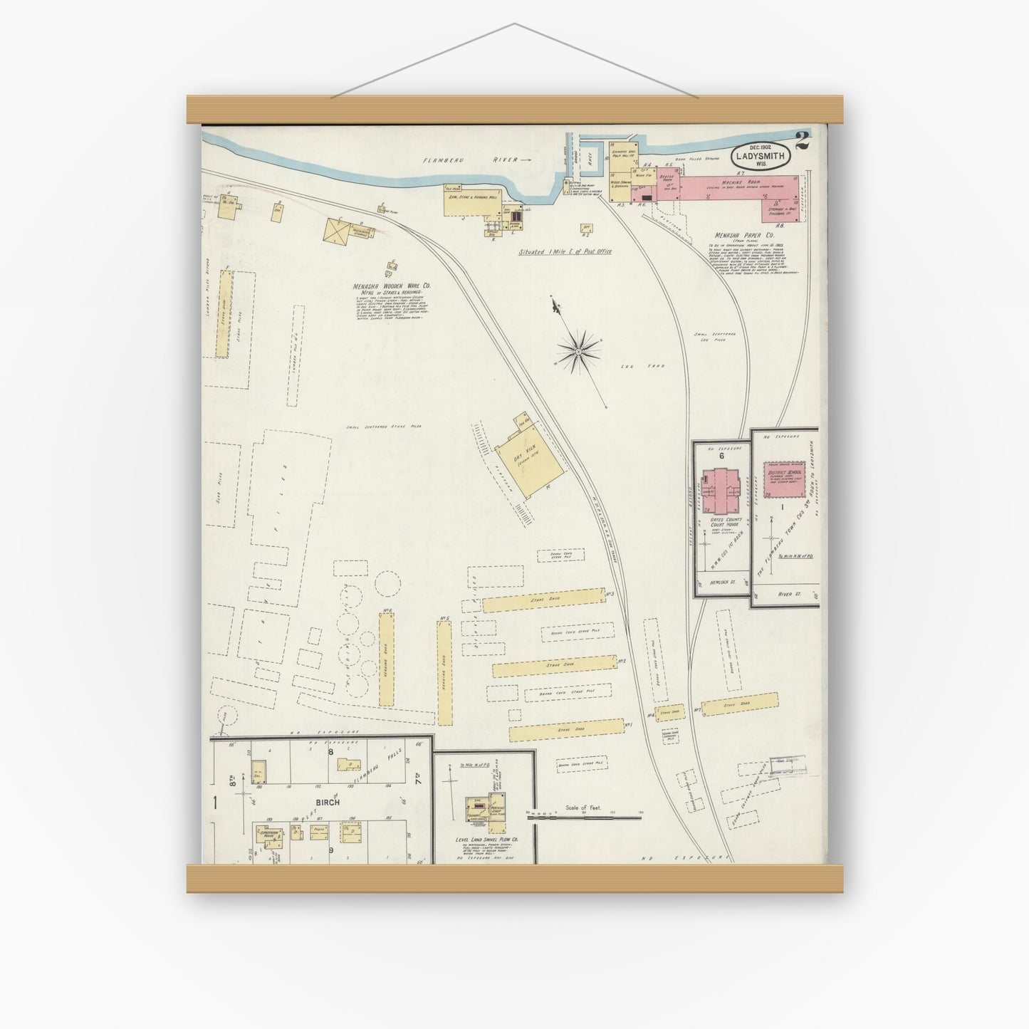 Old map wall art mockup — magnetic wood frame on white wall — Sanborn Fire Insurance Map from Ladysmith, Rusk County, Wisconsin (1902), Sheet #0002
