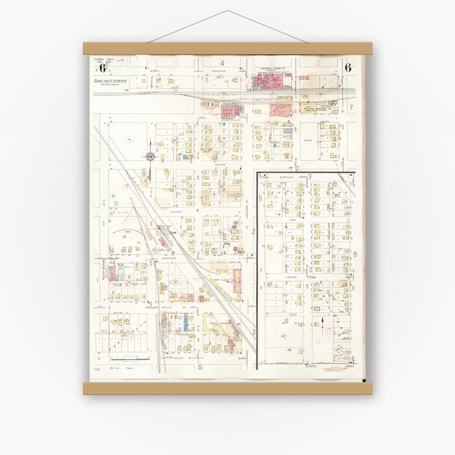 Old map wall art mockup — magnetic wood frame on white wall — Sanborn Fire Insurance Map from Perry, Dallas County, Iowa (1947), Sheet #0006