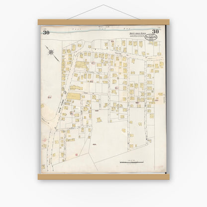 Old map wall art mockup — magnetic wood frame on white wall — Sanborn Fire Insurance Map from Plymouth, Plymouth County, Massachusetts (1948), Sheet #0030