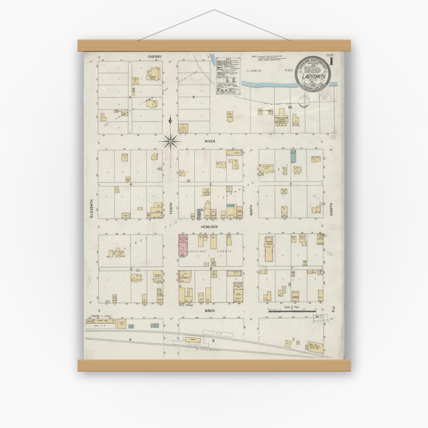 Old map wall art mockup — magnetic wood frame on white wall — Sanborn Fire Insurance Map from Ladysmith, Rusk County, Wisconsin (1902), Sheet #0001