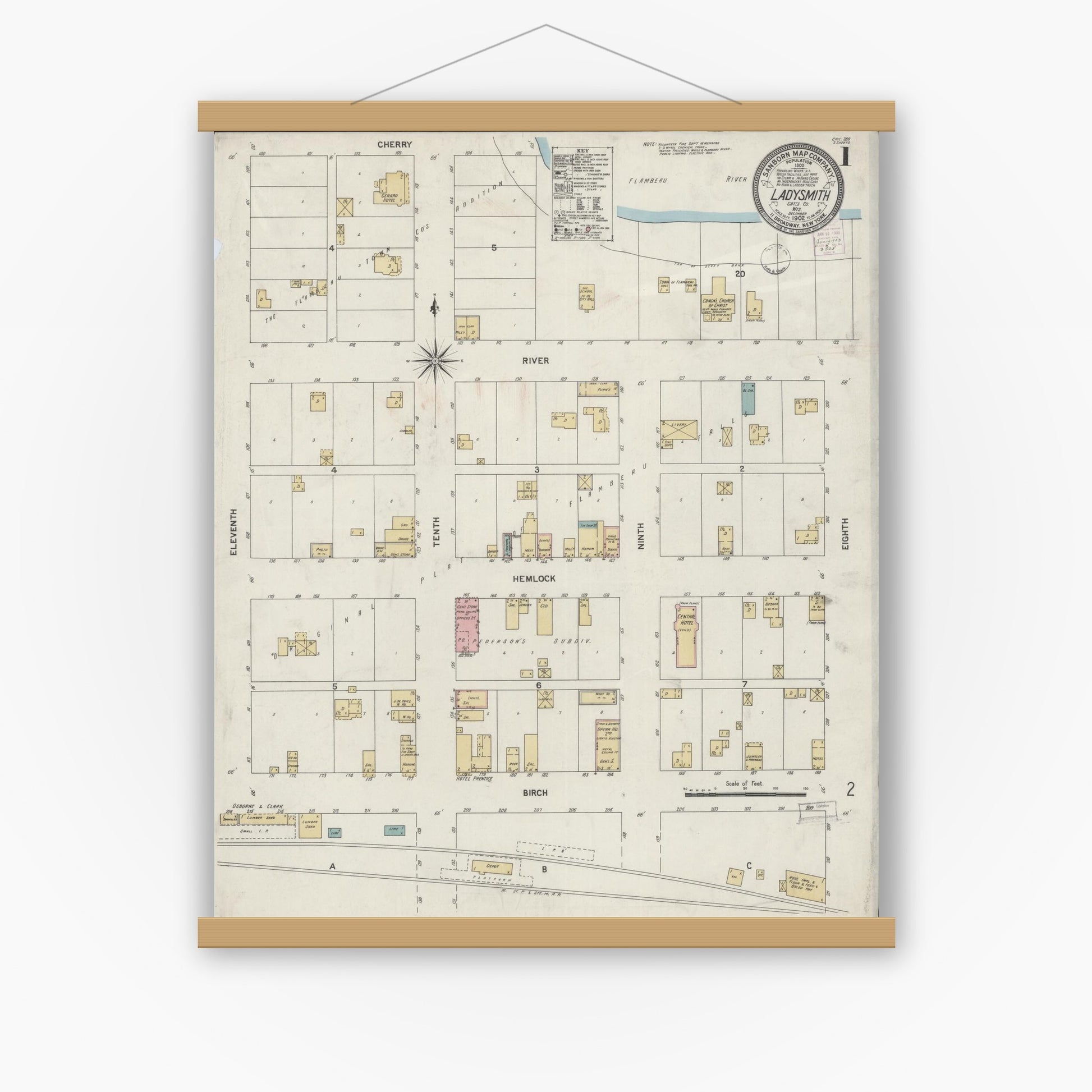 Old map wall art mockup — magnetic wood frame on white wall — Sanborn Fire Insurance Map from Ladysmith, Rusk County, Wisconsin (1902), Sheet #0001