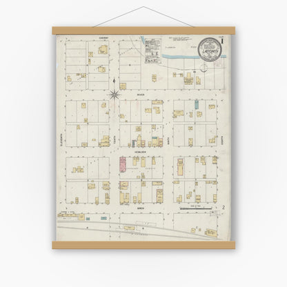 Old map wall art mockup — magnetic wood frame on white wall — Sanborn Fire Insurance Map from Ladysmith, Rusk County, Wisconsin (1902), Sheet #0001