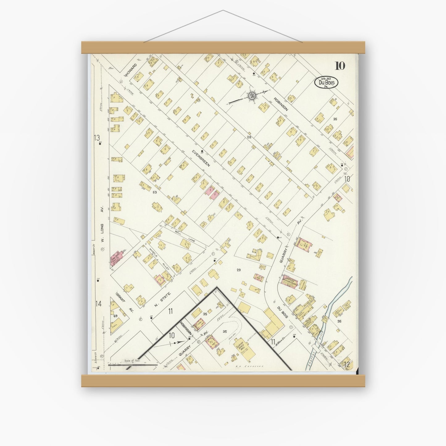 Old map wall art mockup — magnetic wood frame on white wall — Sanborn Fire Insurance Map from Du Bois, Clearfield County, Pennsylvania (1913), Sheet #0010