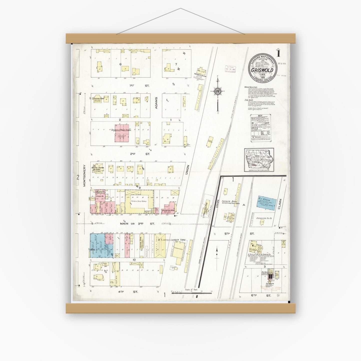 Old map wall art mockup — magnetic wood frame on white wall — Sanborn Fire Insurance Map from Griswold, Cass County, Iowa (1914), Sheet #0001