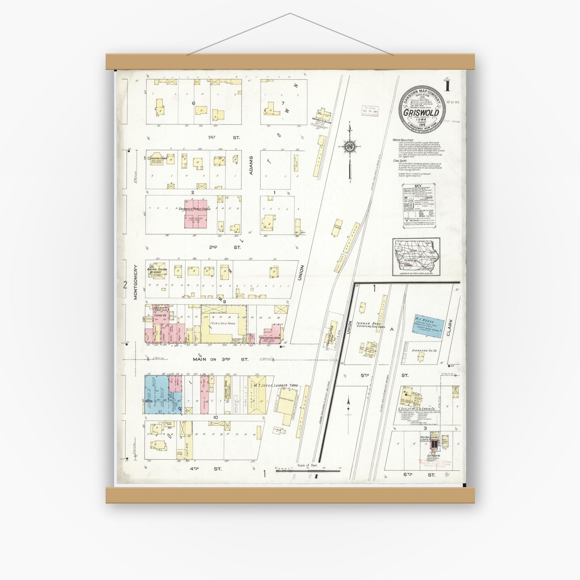 Old map wall art mockup — magnetic wood frame on white wall — Sanborn Fire Insurance Map from Griswold, Cass County, Iowa (1914), Sheet #0001