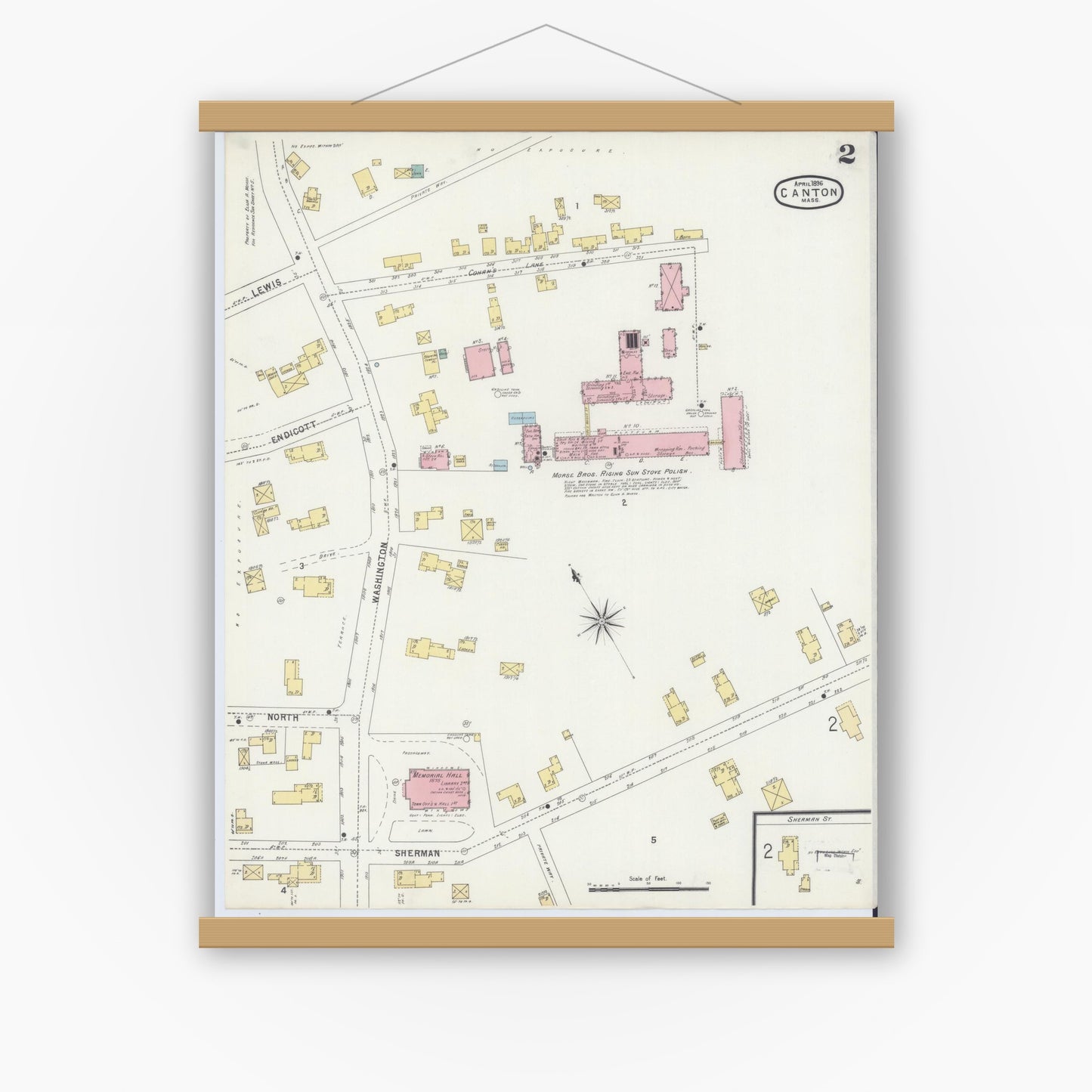 Old map wall art mockup — magnetic wood frame on white wall — Sanborn Fire Insurance Map from Canton, Norfolk County, Massachusetts (1896), Sheet #0002