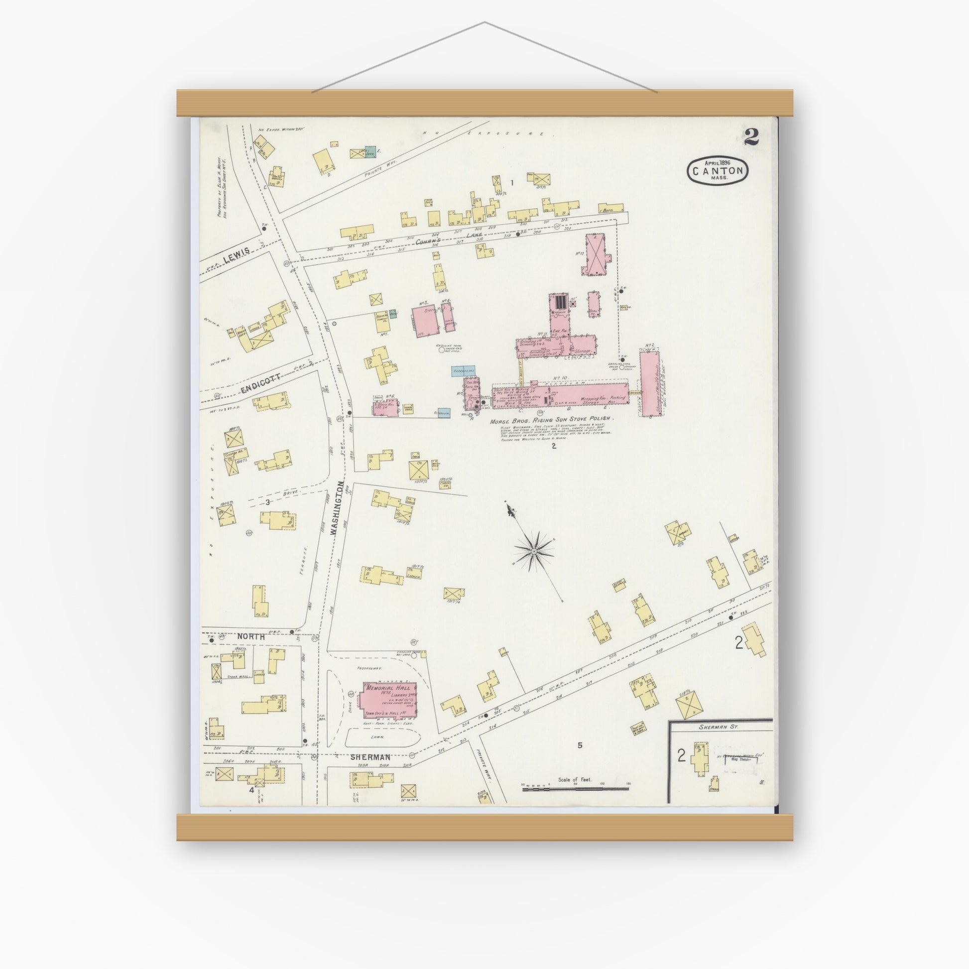 Old map wall art mockup — magnetic wood frame on white wall — Sanborn Fire Insurance Map from Canton, Norfolk County, Massachusetts (1896), Sheet #0002