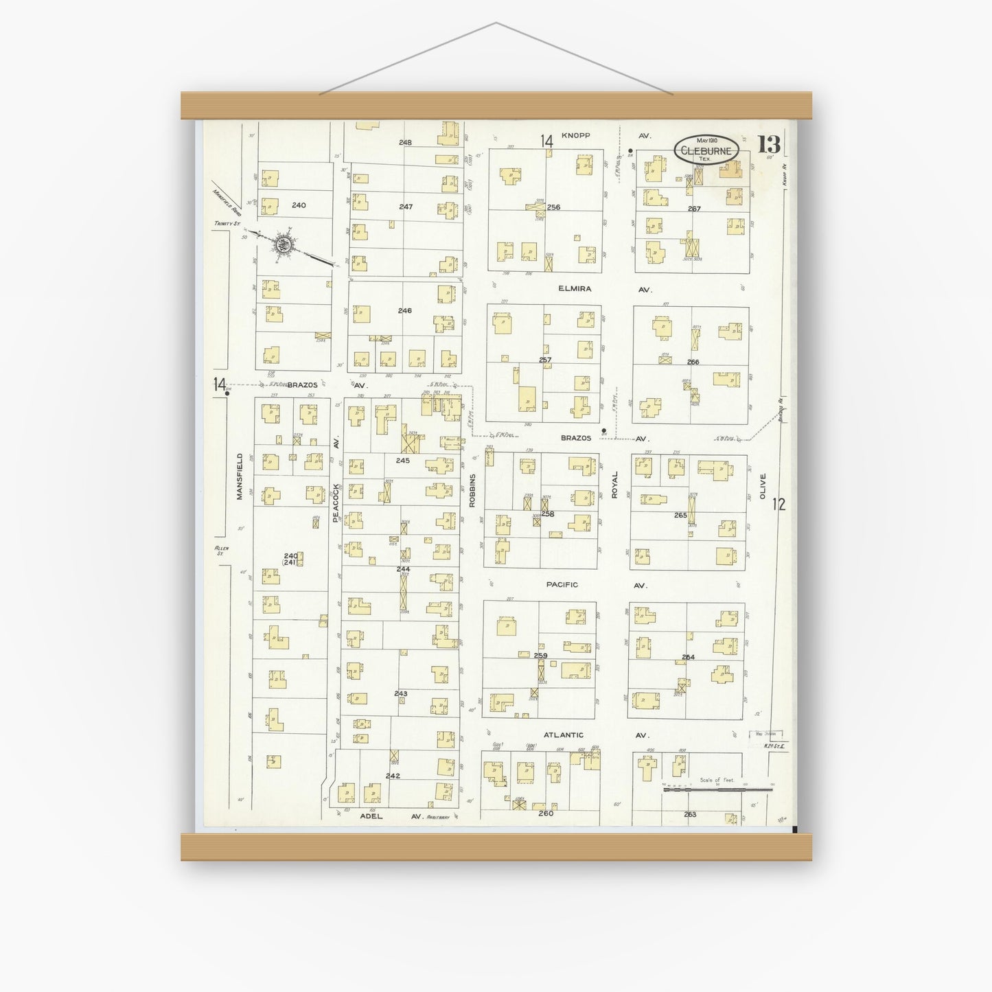Old map wall art mockup — magnetic wood frame on white wall — Sanborn Fire Insurance Map from Cleburne, Johnson County, Texas (1910), Sheet #0013