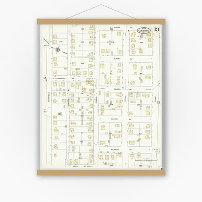 Old map wall art mockup — magnetic wood frame on white wall — Sanborn Fire Insurance Map from Cleburne, Johnson County, Texas (1910), Sheet #0013