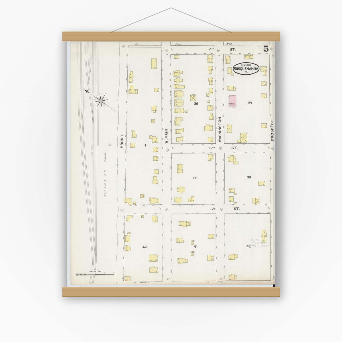 Old map wall art mockup — magnetic wood frame on white wall — Sanborn Fire Insurance Map from Susquehanna, Susquehanna County, Pennsylvania (1892), Sheet #0005