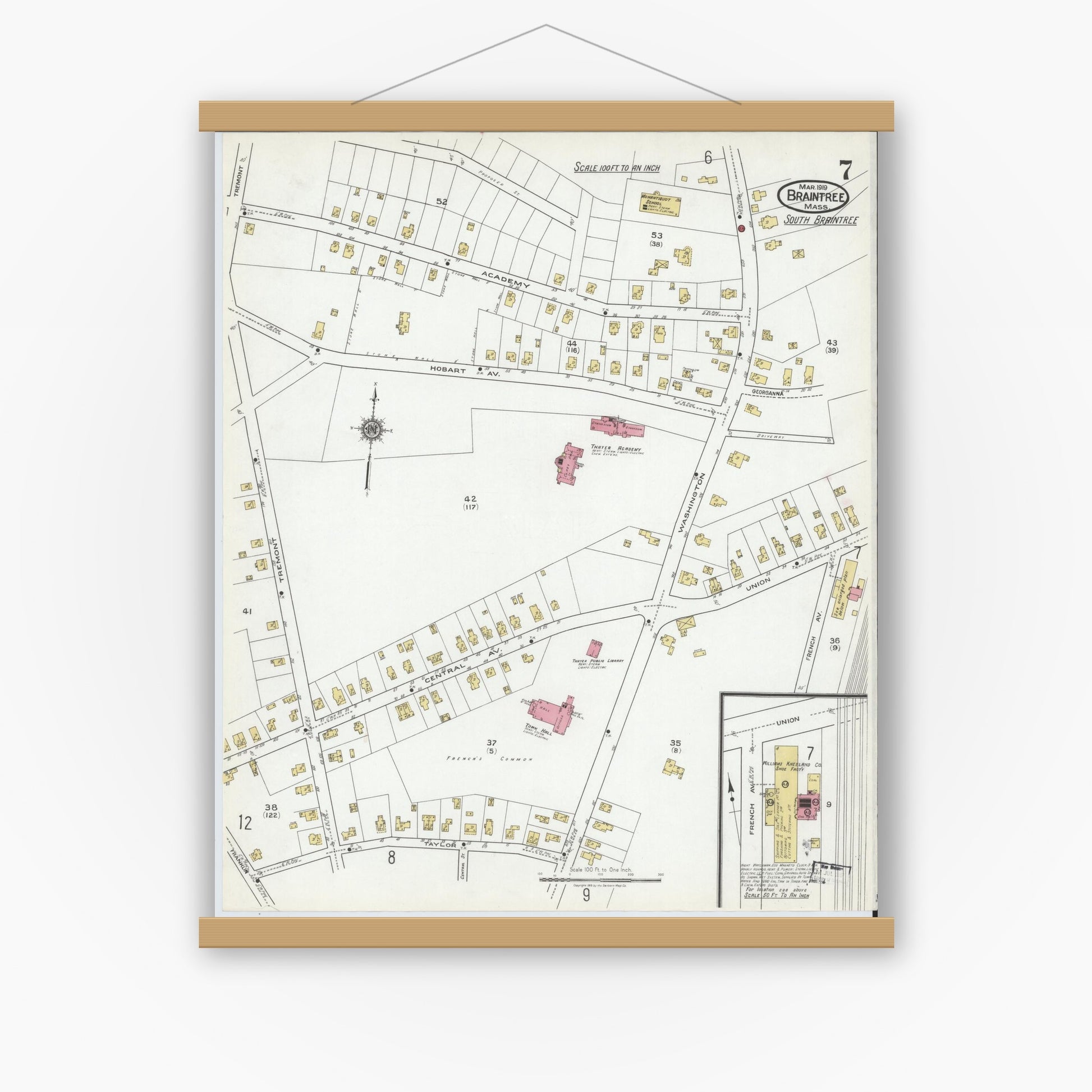 Old map wall art mockup — magnetic wood frame on white wall — Sanborn Fire Insurance Map from Braintree, Norfolk County, Massachusetts (1919), Sheet #0007