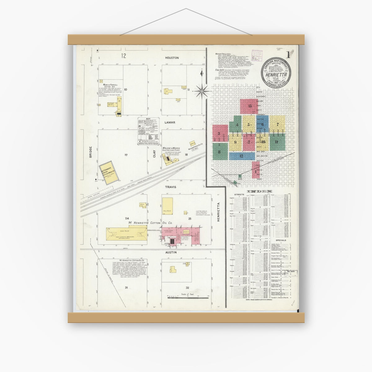 Old map wall art mockup — magnetic wood frame on white wall — Sanborn Fire Insurance Map from Henrietta, Clay County, Texas (1907) - Complete Map Set
