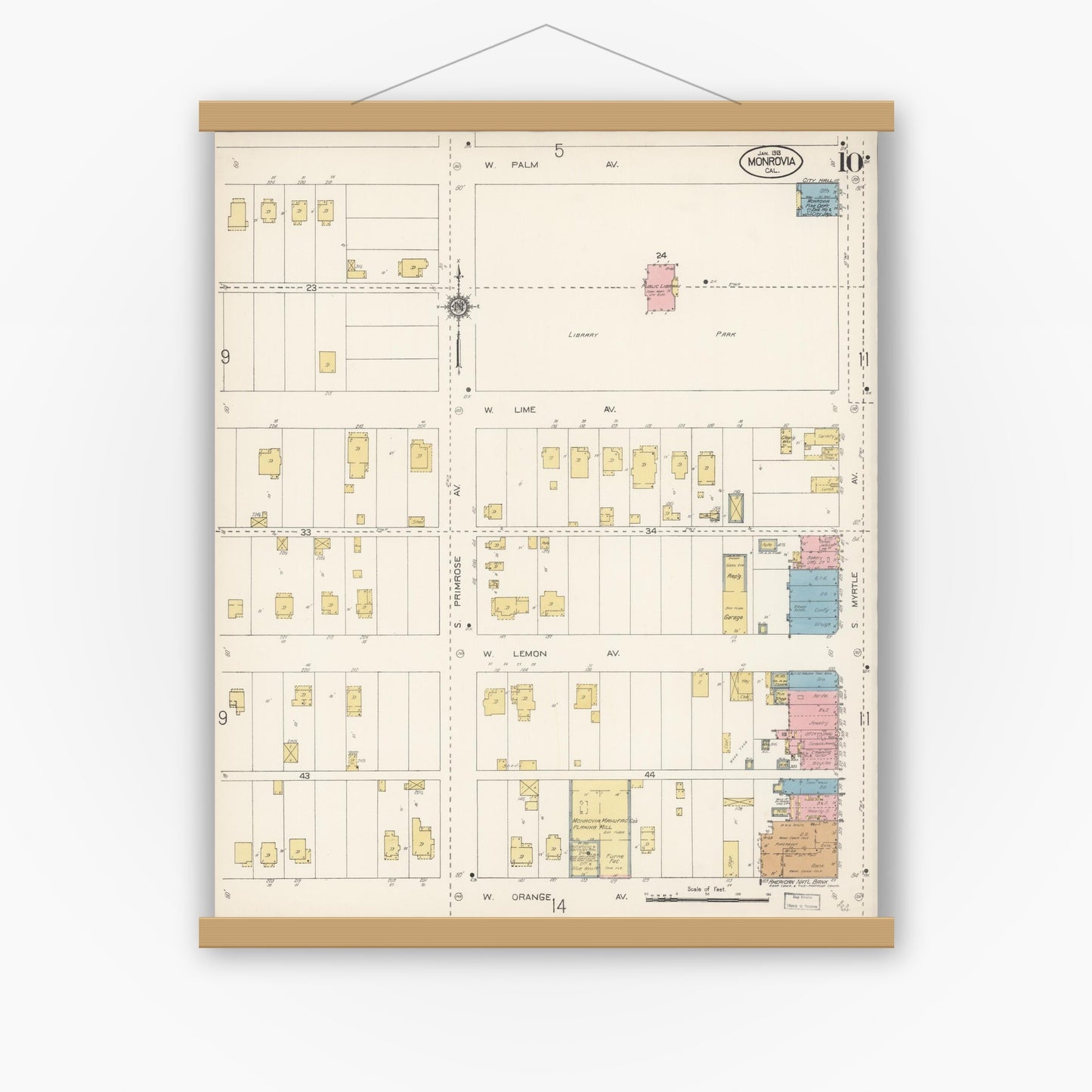 Old map wall art mockup — magnetic wood frame on white wall — Sanborn Fire Insurance Map from Monrovia, Los Angeles County, California (1913), Sheet #0010