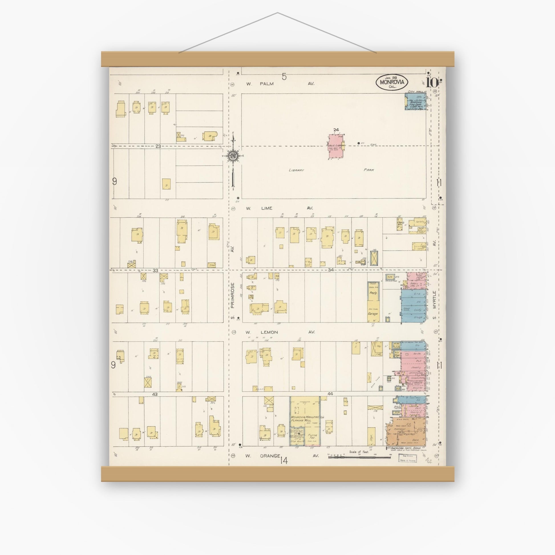 Old map wall art mockup — magnetic wood frame on white wall — Sanborn Fire Insurance Map from Monrovia, Los Angeles County, California (1913), Sheet #0010