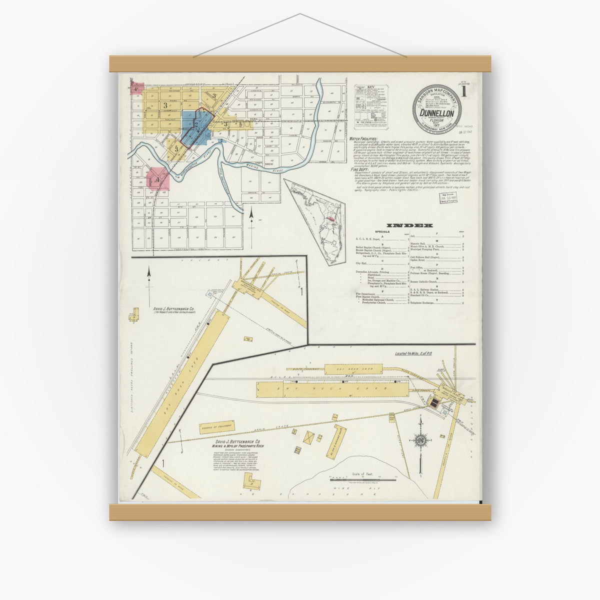 Old map wall art mockup — magnetic wood frame on white wall — Sanborn Fire Insurance Map from Dunnellon, Marion County, Florida (1917) - Complete Map Set