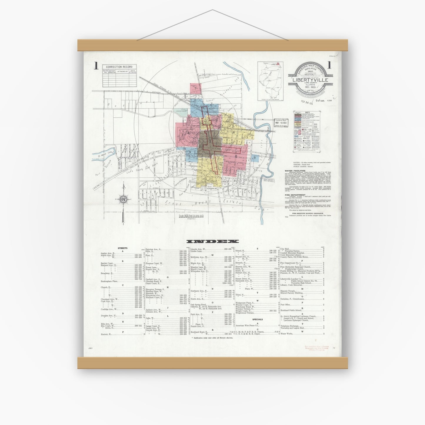 Old map wall art mockup — magnetic wood frame on white wall — Sanborn Fire Insurance Map from Libertyville, Lake County, Illinois (1933), Sheet #0001