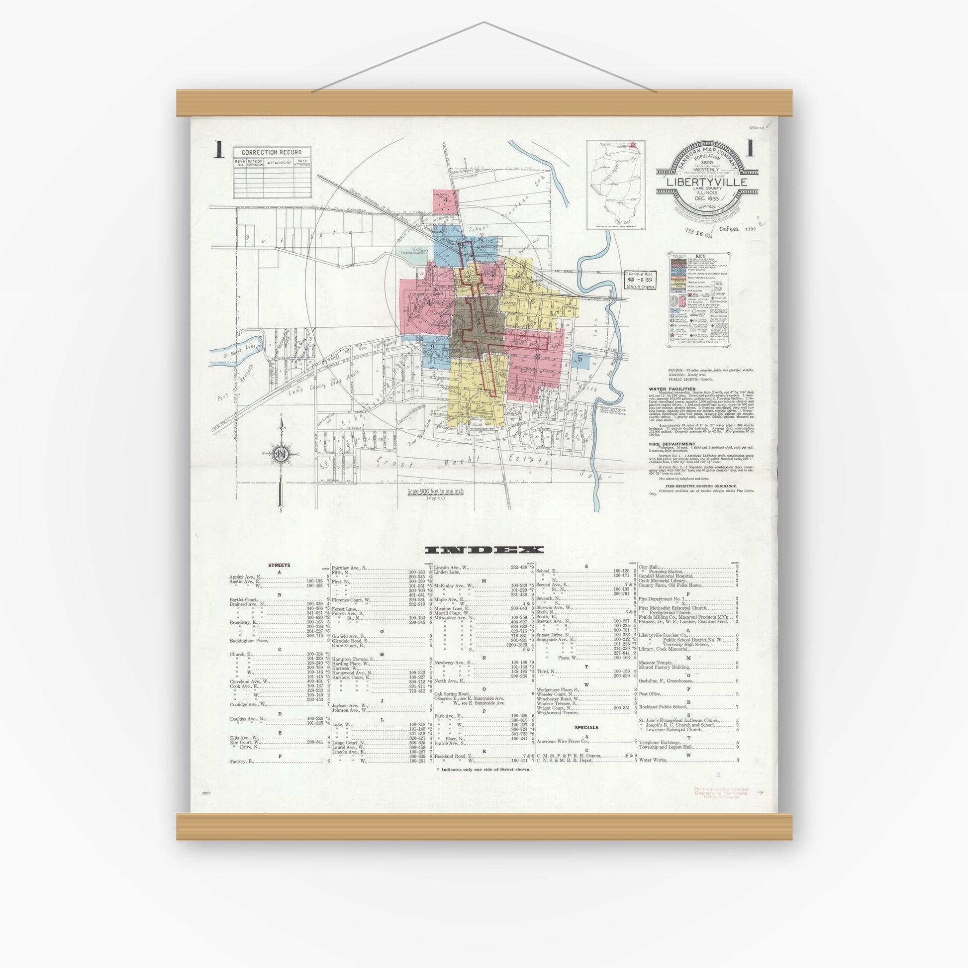 Old map wall art mockup — magnetic wood frame on white wall — Sanborn Fire Insurance Map from Libertyville, Lake County, Illinois (1933), Sheet #0001