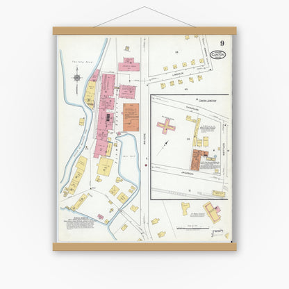 Old map wall art mockup — magnetic wood frame on white wall — Sanborn Fire Insurance Map from Canton, Norfolk County, Massachusetts (1919), Sheet #0009