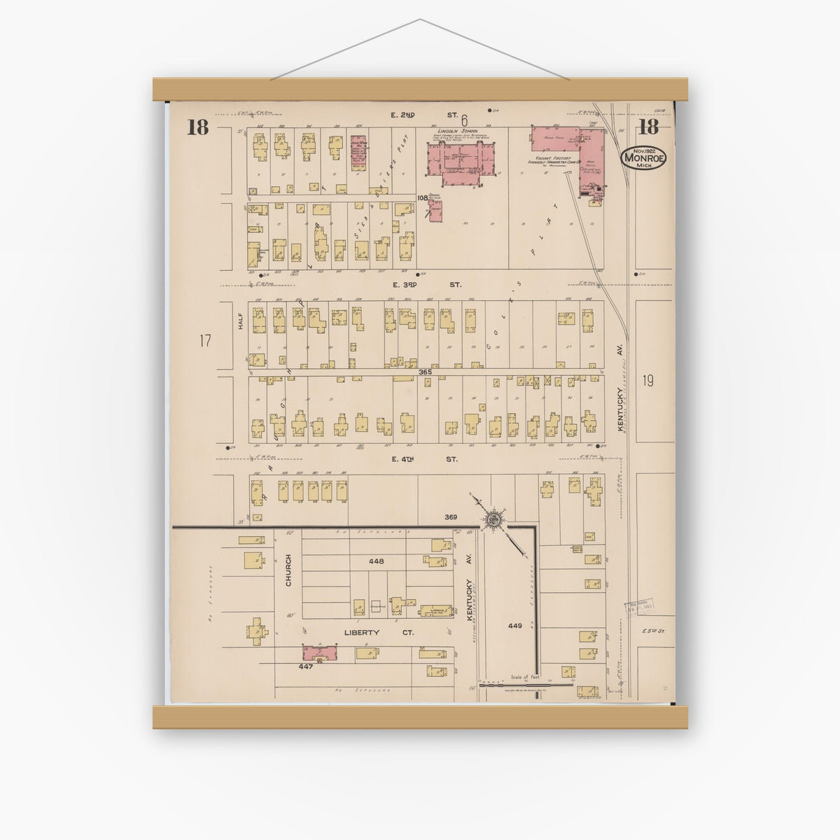 Old map wall art mockup — magnetic wood frame on white wall — Sanborn Fire Insurance Map from Monroe, Monroe County, Michigan (1922), Sheet #0018