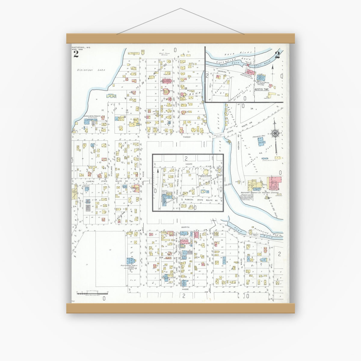 Old map wall art mockup — magnetic wood frame on white wall — Sanborn Fire Insurance Map from Hustisford, Dodge County, Wisconsin (1949), Sheet #0002