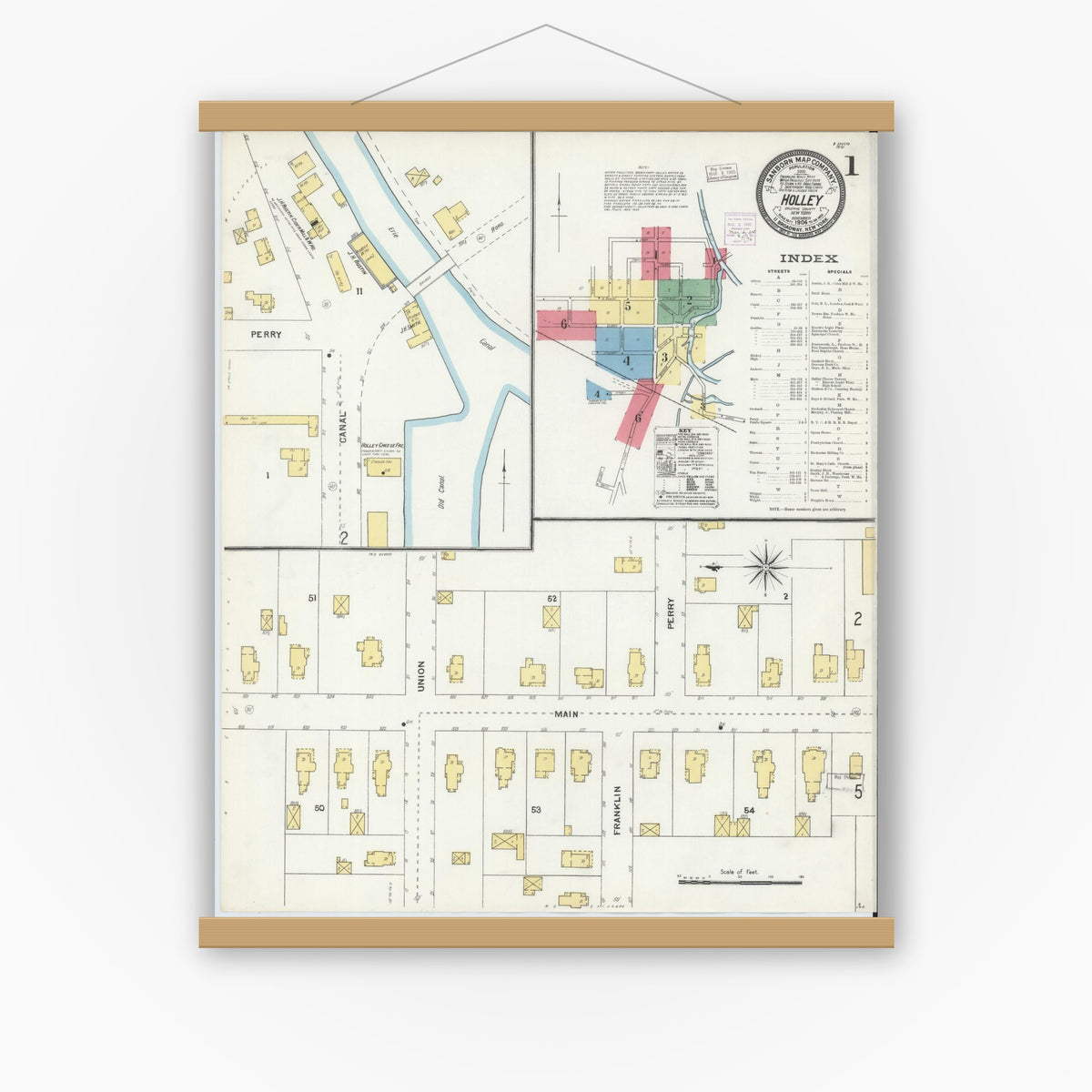 Old map wall art mockup — magnetic wood frame on white wall — Sanborn Fire Insurance Map from Holley, Orleans County, New York (1904) - Complete Map Set