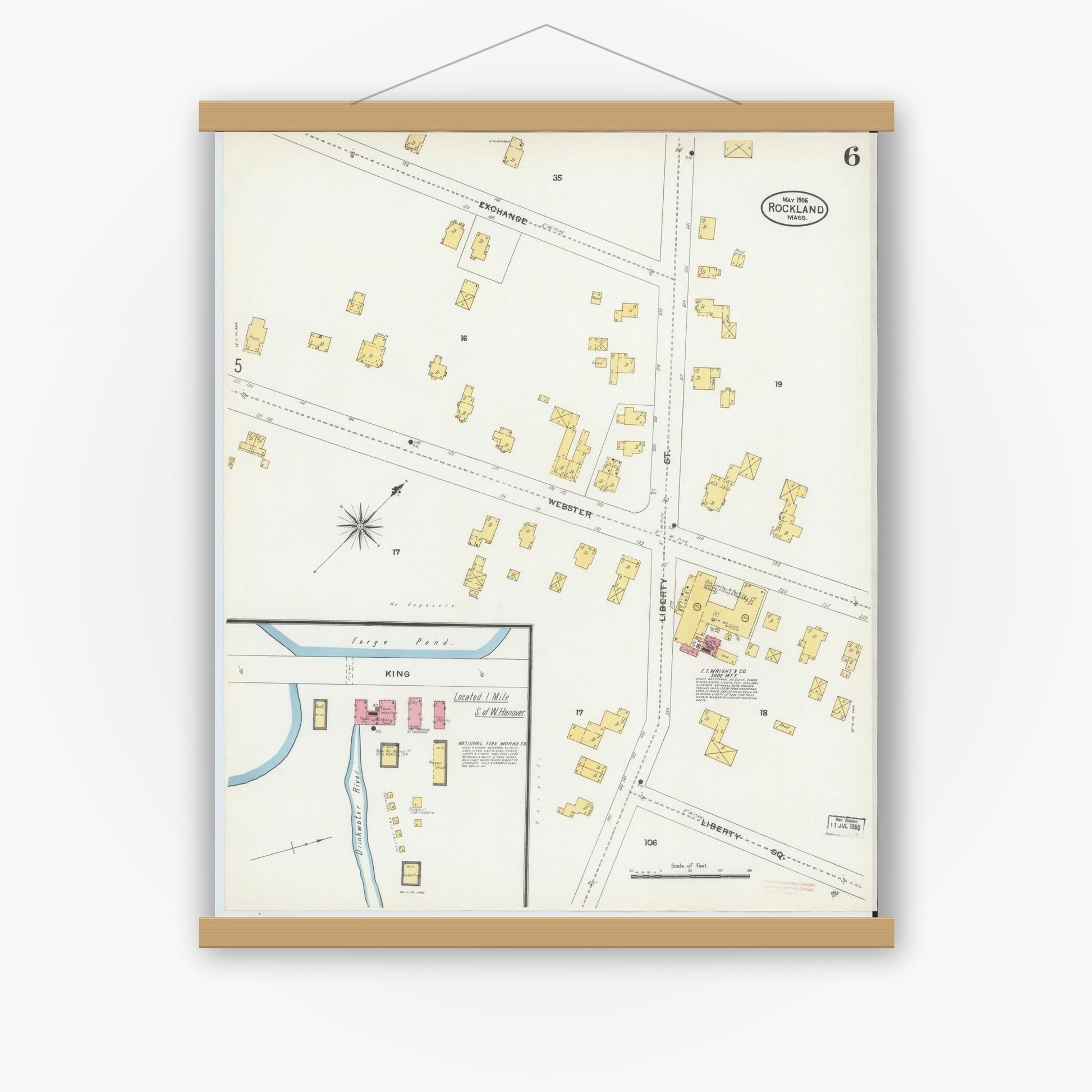 Old map wall art mockup — magnetic wood frame on white wall — Sanborn Fire Insurance Map from Rockland, Plymouth County, Massachusetts (1906), Sheet #0006