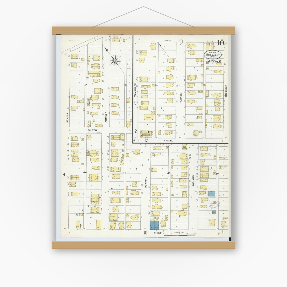 Old map wall art mockup — magnetic wood frame on white wall — Sanborn Fire Insurance Map from Red Jacket, Houghton County, Michigan (1908), Sheet #0010