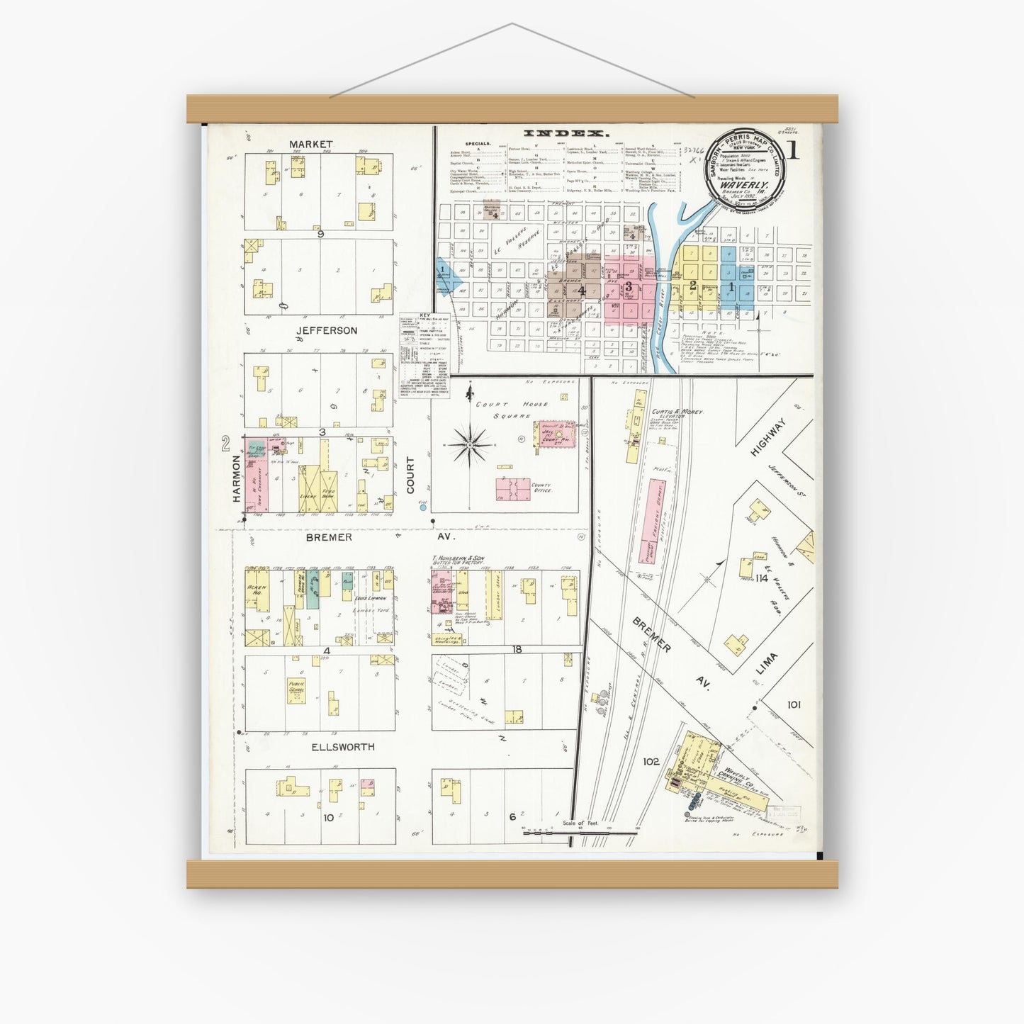 Old map wall art mockup — magnetic wood frame on white wall — Sanborn Fire Insurance Map from Waverly, Bremer County, Iowa (1892) â€” Complete Set