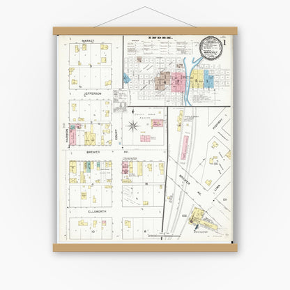 Old map wall art mockup — magnetic wood frame on white wall — Sanborn Fire Insurance Map from Waverly, Bremer County, Iowa (1892) â€” Complete Set