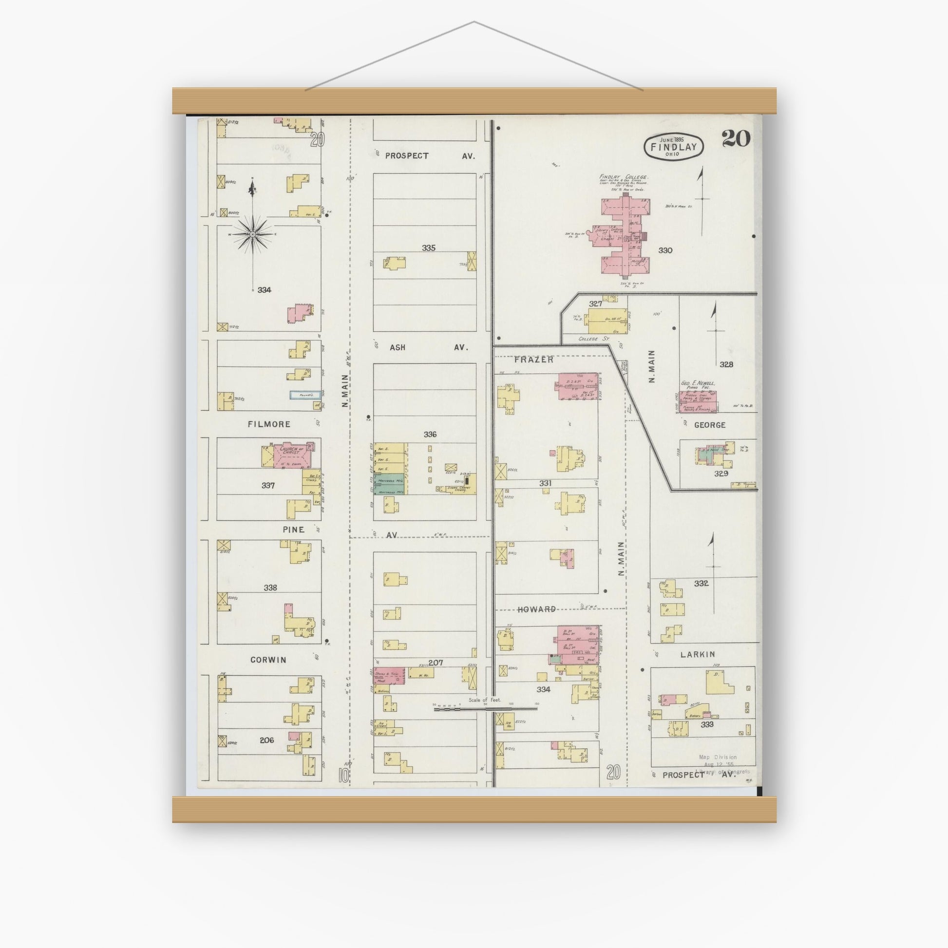 Old map wall art mockup — magnetic wood frame on white wall — Sanborn Fire Insurance Map from Findlay, Hancock County, Ohio (1895), Sheet #0020