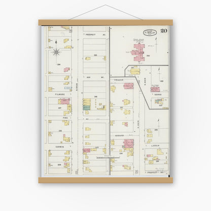 Old map wall art mockup — magnetic wood frame on white wall — Sanborn Fire Insurance Map from Findlay, Hancock County, Ohio (1895), Sheet #0020