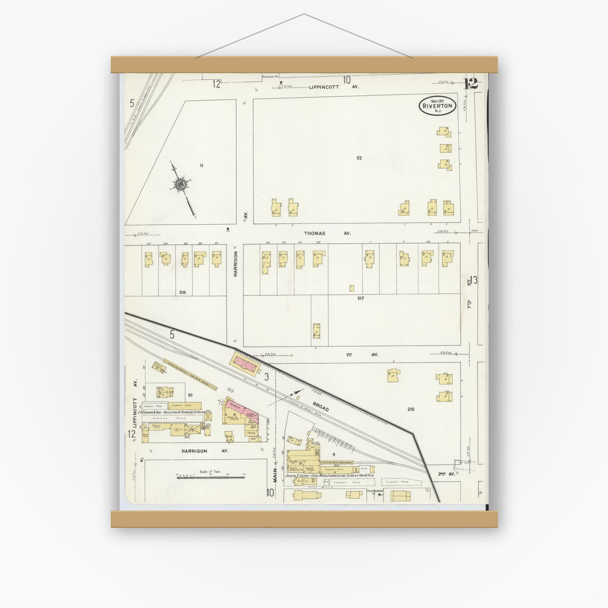 Old map wall art mockup — magnetic wood frame on white wall — Sanborn Fire Insurance Map from Riverton, Burlington County, New Jersey (1911), Sheet #0012