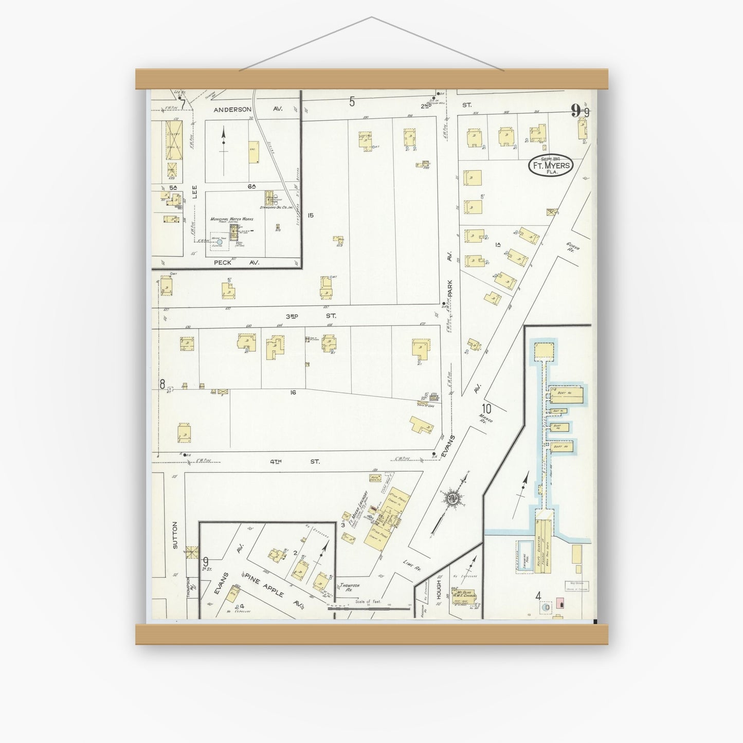 Old map wall art mockup — magnetic wood frame on white wall — Sanborn Fire Insurance Map from Fort Myers, Lee County, Florida (1914), Sheet #0009