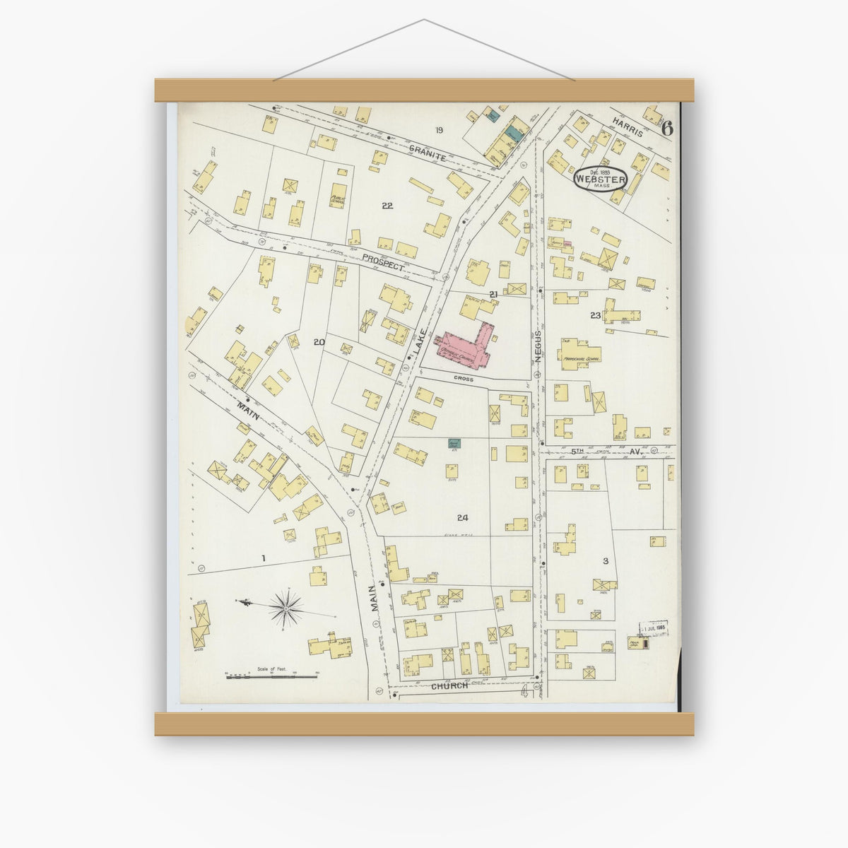 Old map wall art mockup — magnetic wood frame on white wall — Sanborn Fire Insurance Map from Webster, Worcester County, Massachusetts (1893), Sheet #0006