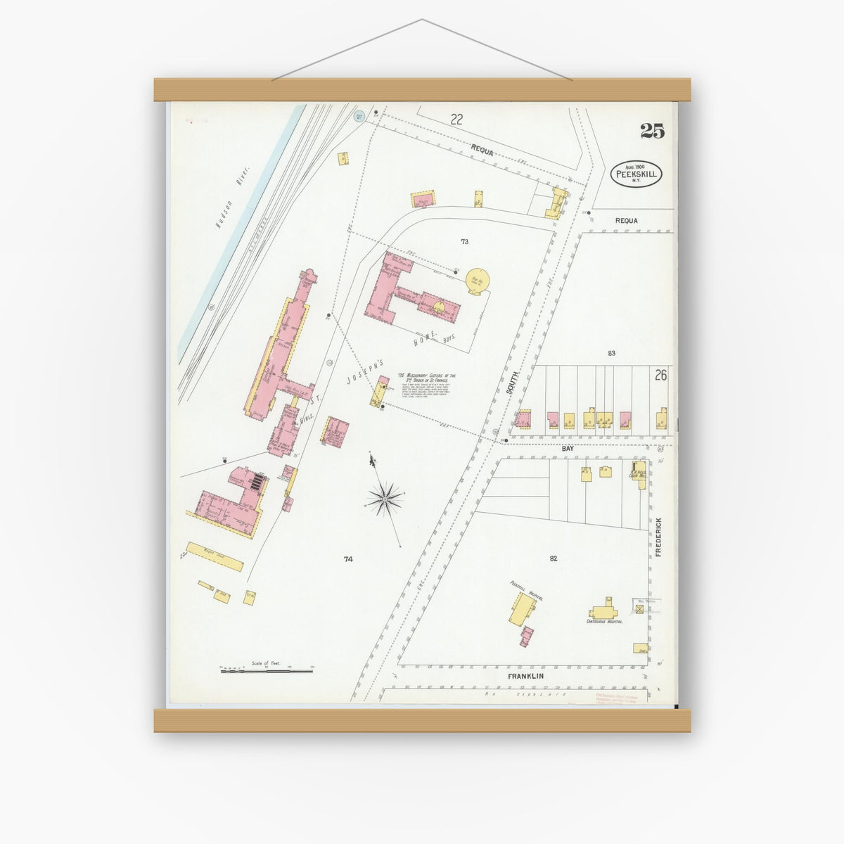 Old map wall art mockup — magnetic wood frame on white wall — Sanborn Fire Insurance Map from Peekskill, Westchester County, New York (1900), Sheet #0025