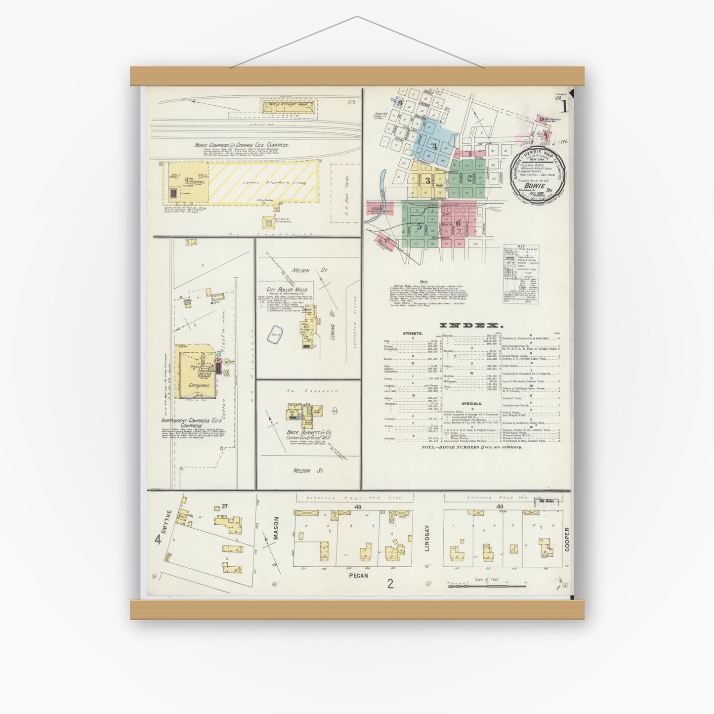 Old map wall art mockup — magnetic wood frame on white wall — Sanborn Fire Insurance Map from Bowie, Montague County, Texas (1896), Sheet #0001