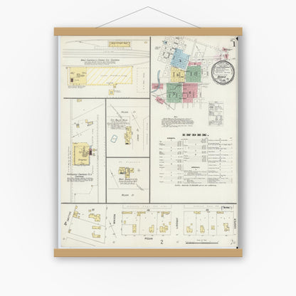 Old map wall art mockup — magnetic wood frame on white wall — Sanborn Fire Insurance Map from Bowie, Montague County, Texas (1896), Sheet #0001