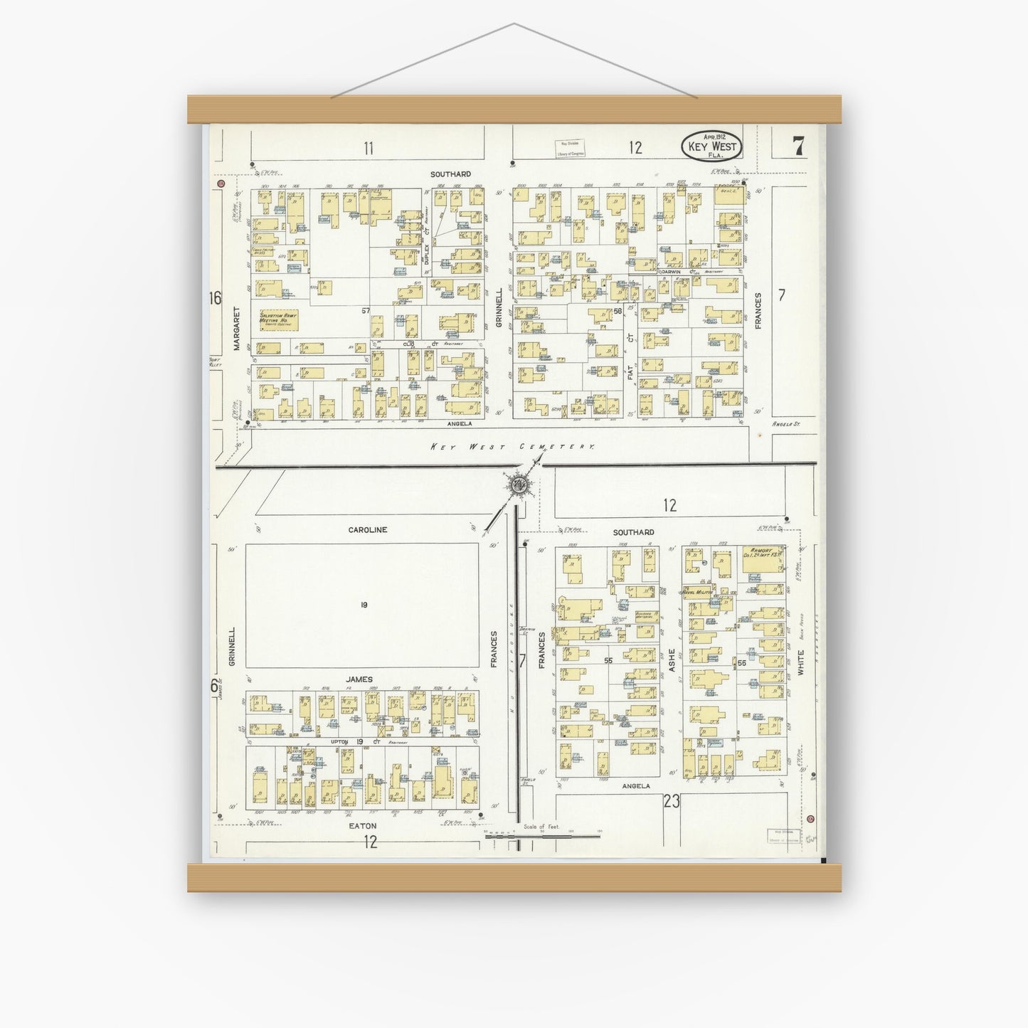 Old map wall art mockup — magnetic wood frame on white wall — Sanborn Fire Insurance Map from Key West, Monroe County, Florida (1912), Sheet #0007