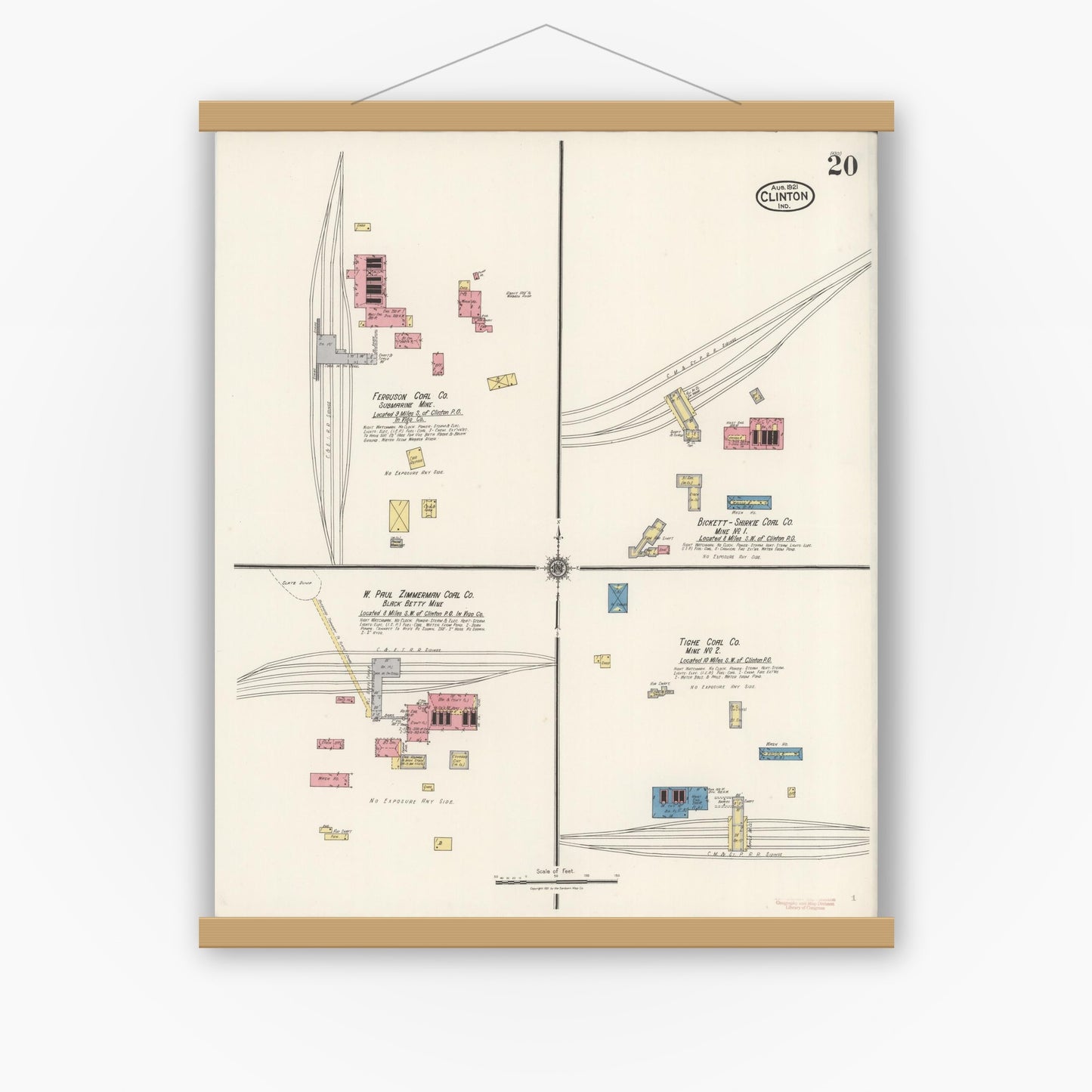Old map wall art mockup — magnetic wood frame on white wall — Sanborn Fire Insurance Map from Clinton, Vermillion County, Indiana (1921), Sheet #0020